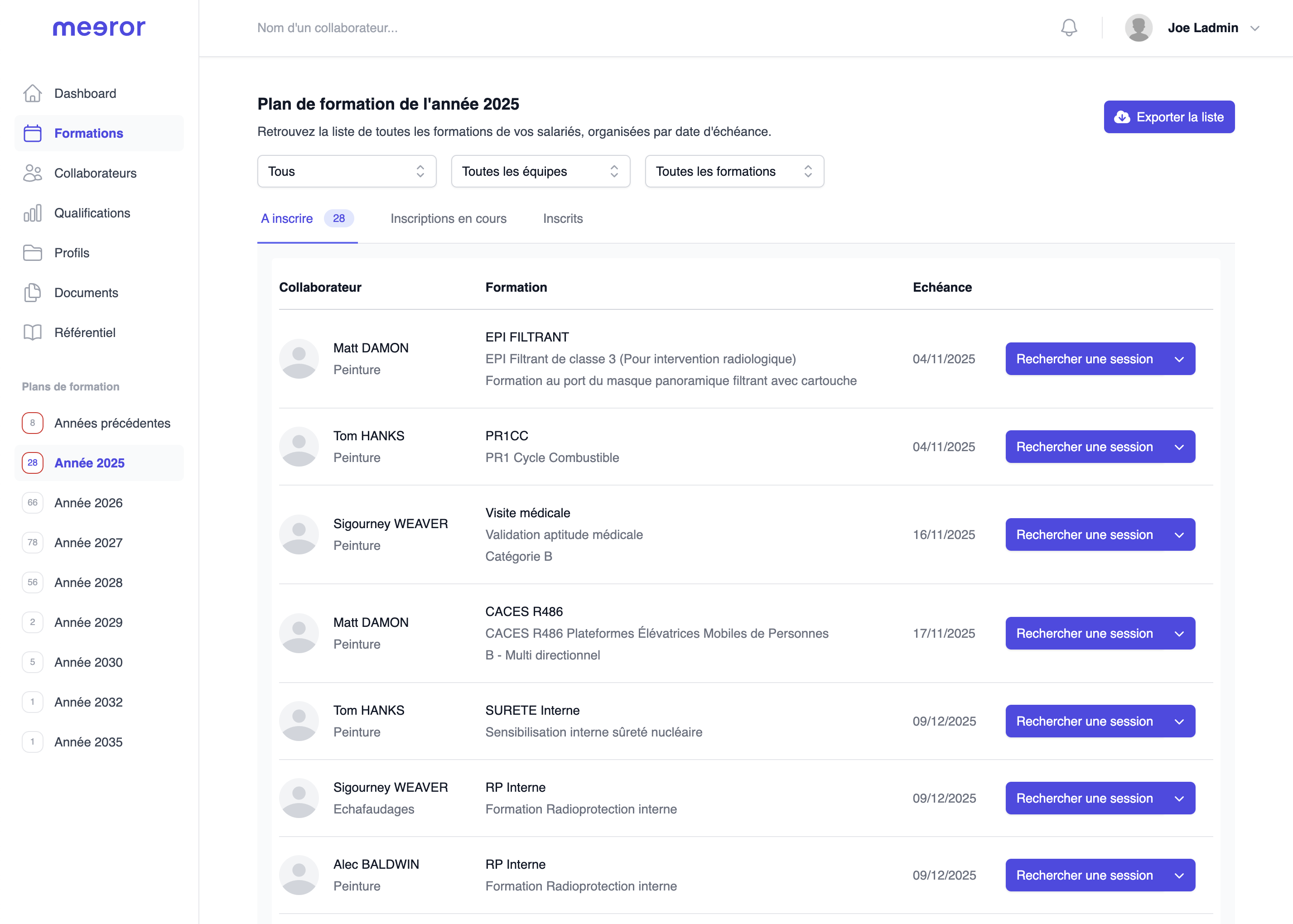 Capture d'écran du tableau de bord Meeror